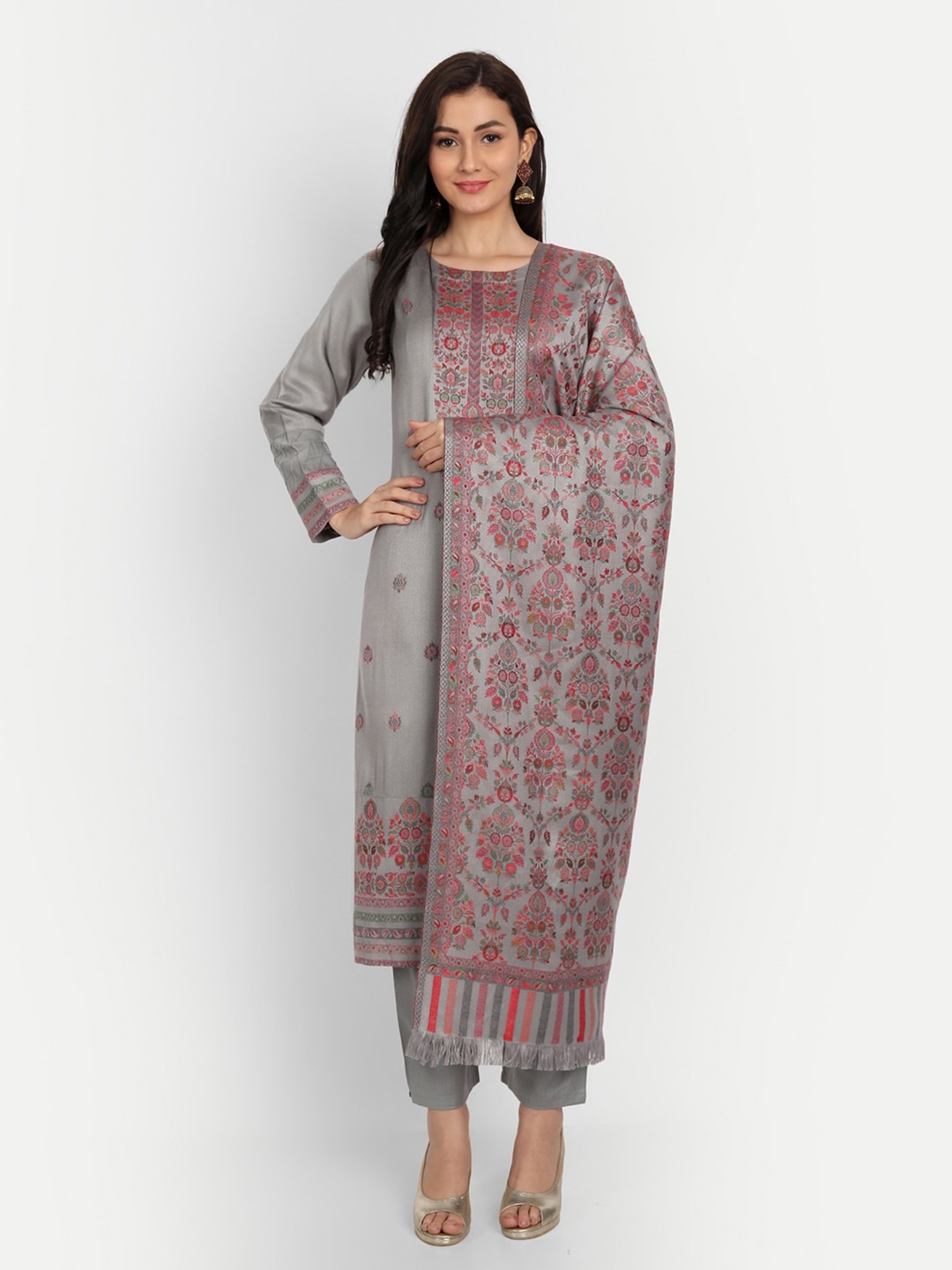 

HK colours of fashion Grey & Pink Unstitched Dress Material