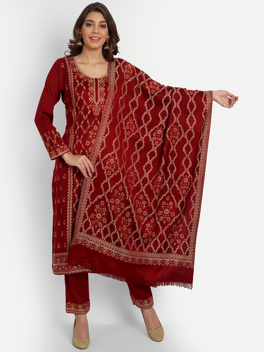 

HK colours of fashion Maroon & Beige Unstitched Dress Material