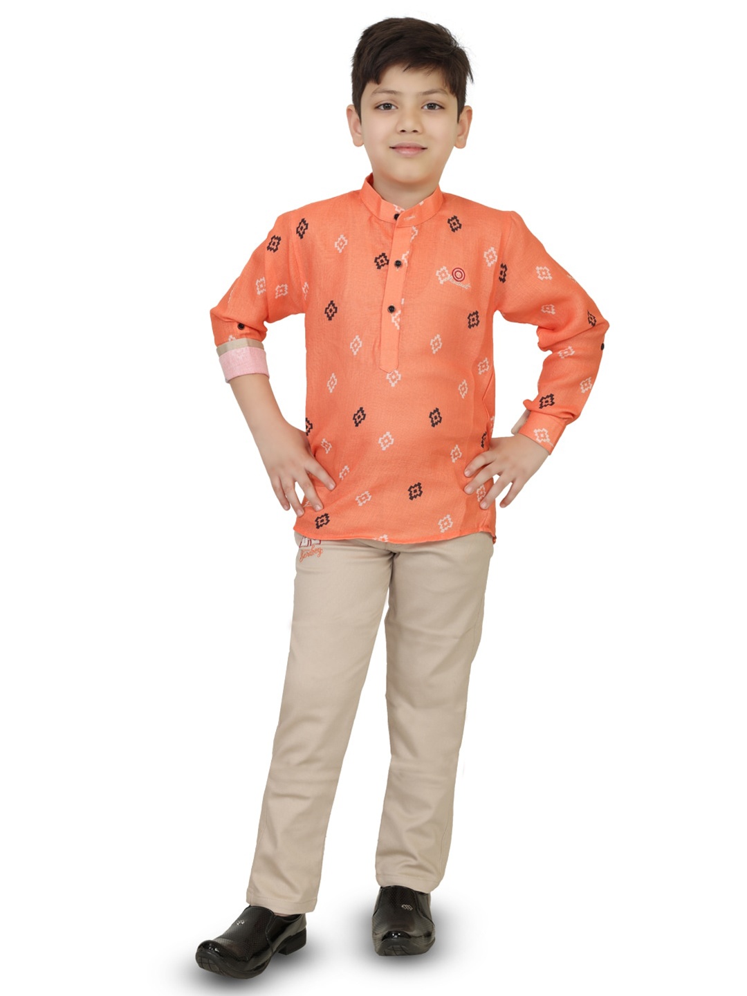 

TS TRENDS Boys Orange & Grey Printed Pure Cotton Kurta with Trousers