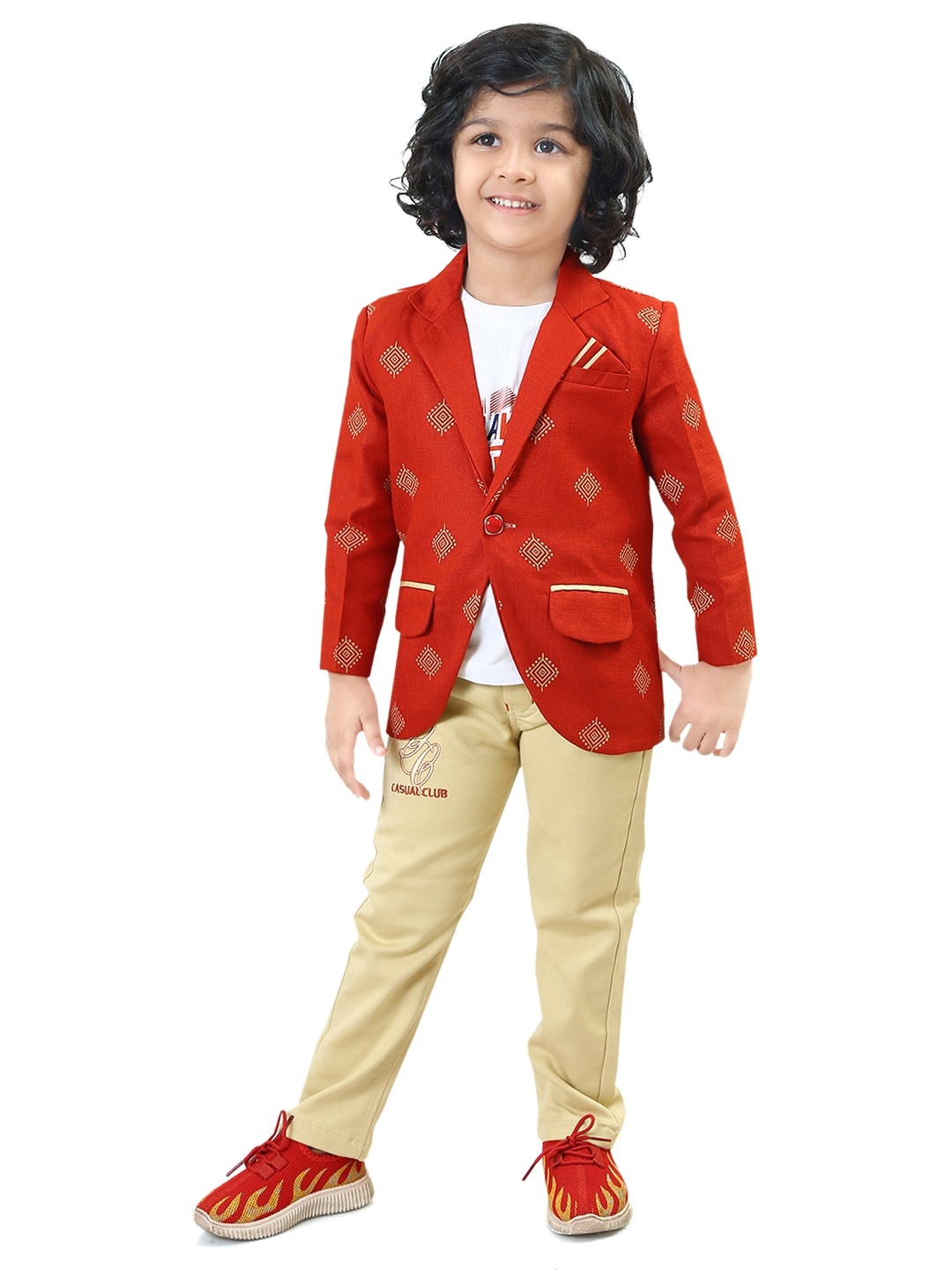 

TS TRENDS Boys Rust & White Printed Pure Cotton T-shirt with Trousers & Blazer