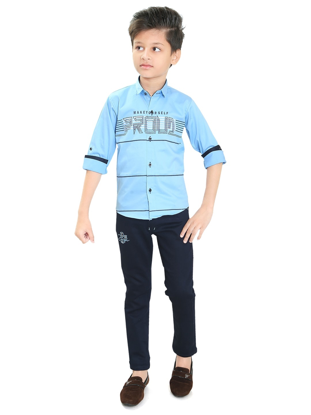 

TS TRENDS Boys Blue & Navy Blue Printed Shirt with Trousers