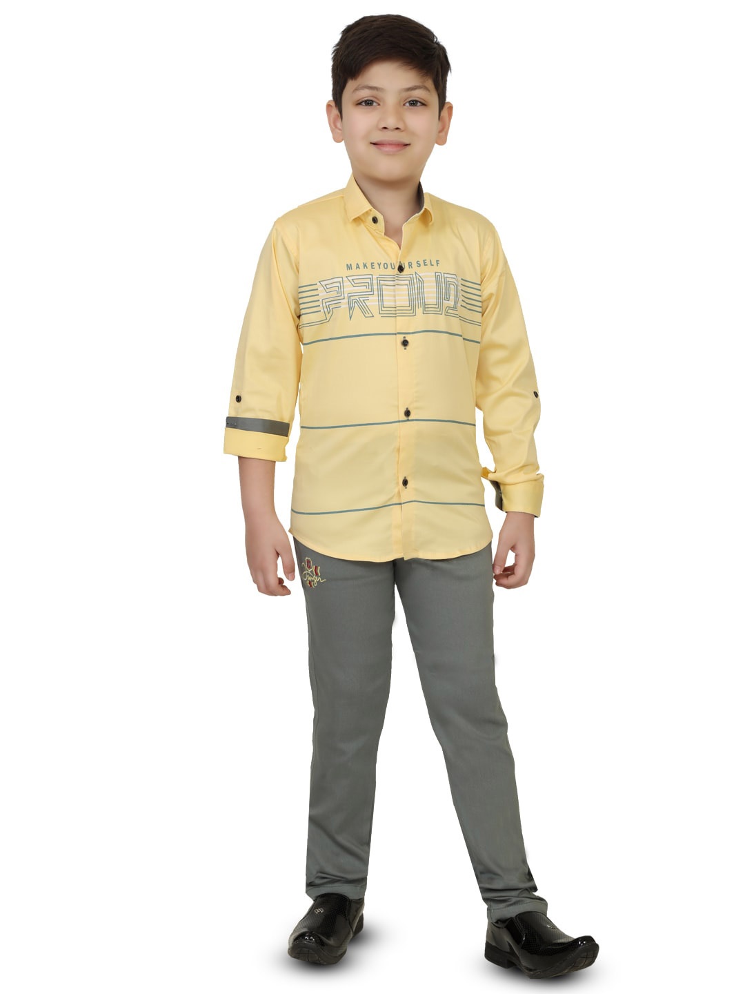 

TS TRENDS Boys Yellow & Grey Printed Pure Cotton Shirt with Trousers