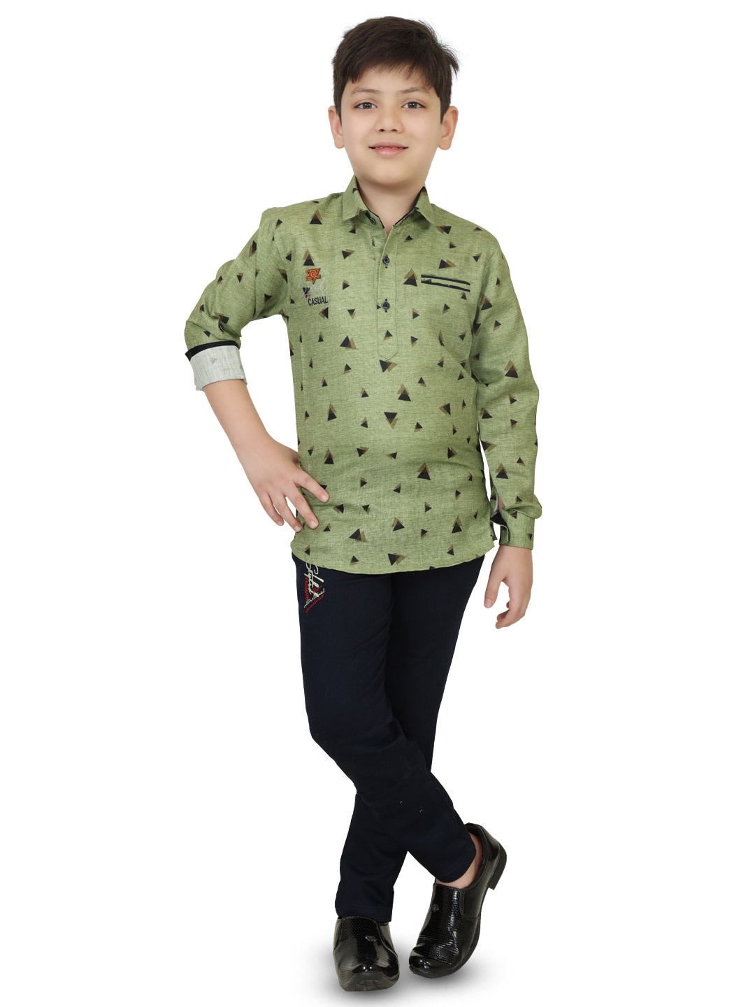 

TS TRENDS Boys Olive Green & Black Printed Shirt with Trousers