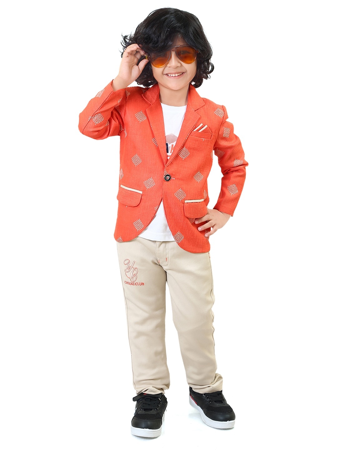 

TS TRENDS Boys Orange & White Printed Pure Cotton T-shirt with Trousers & Blazer