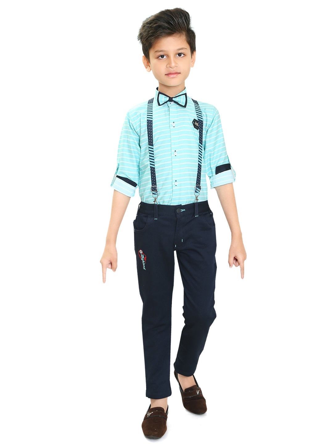 

TS TRENDS Boys Sea Green & Blue Striped Shirt with Trousers & Suspenders