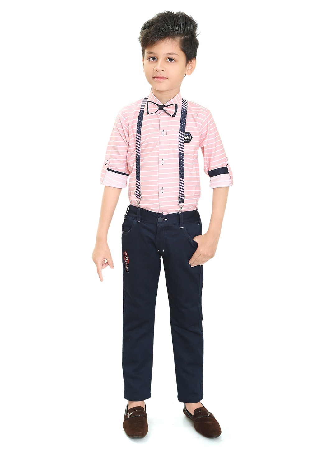 

TS TRENDS Boys Pink & Black Striped Shirt with Trousers & Suspenders