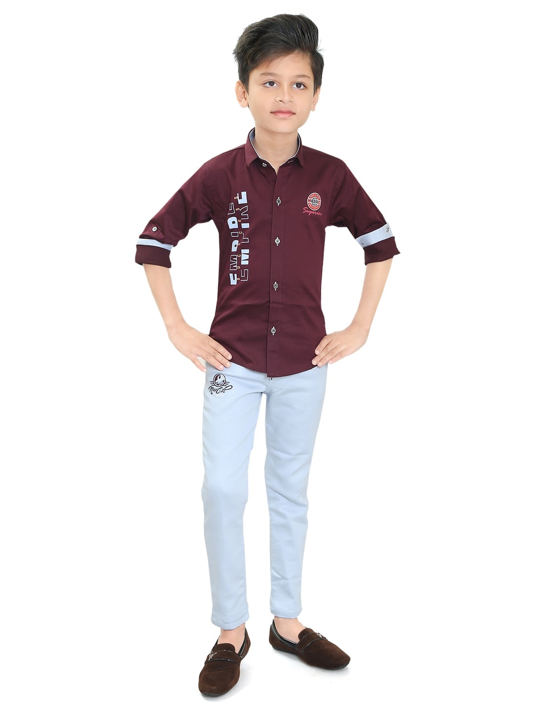 

TS TRENDS Boys Burgundy & Blue Printed Shirt with Trousers