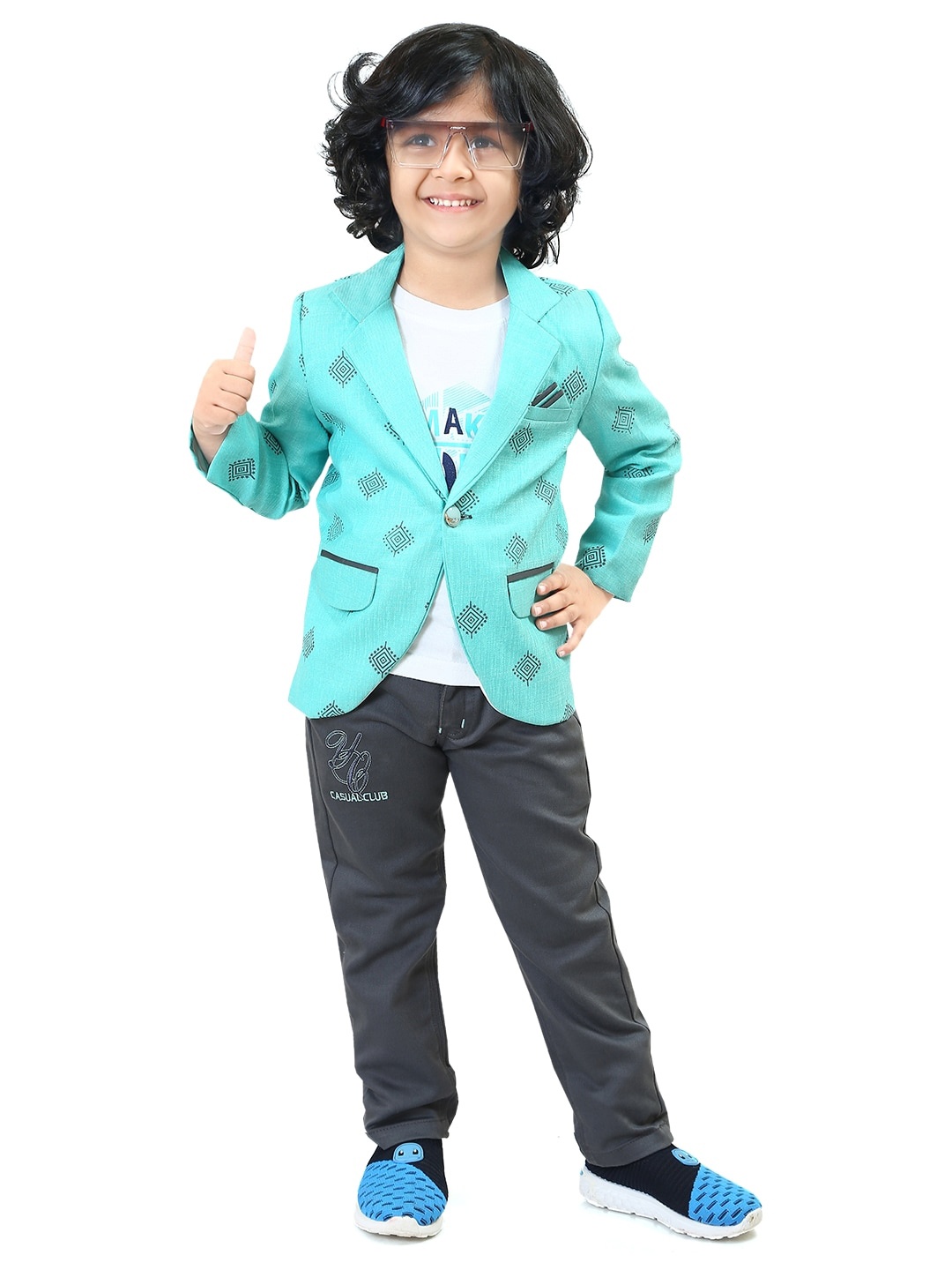 

TS TRENDS Boys Blue & Grey Printed Pure Cotton T-shirt With Trousers & Blazer