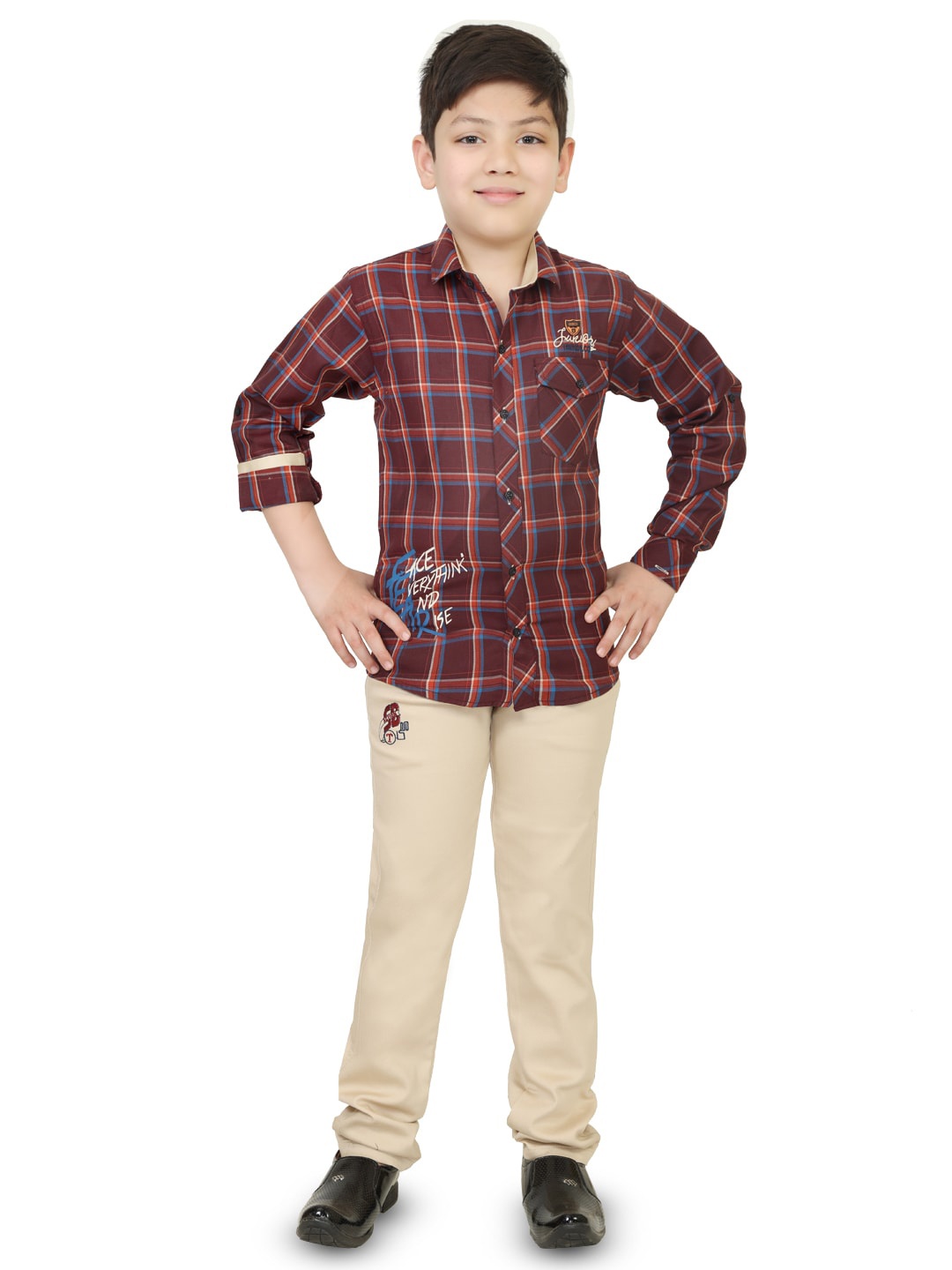

TS TRENDS Boys Maroon & Blue Checked Pure Cotton Shirt with Trousers