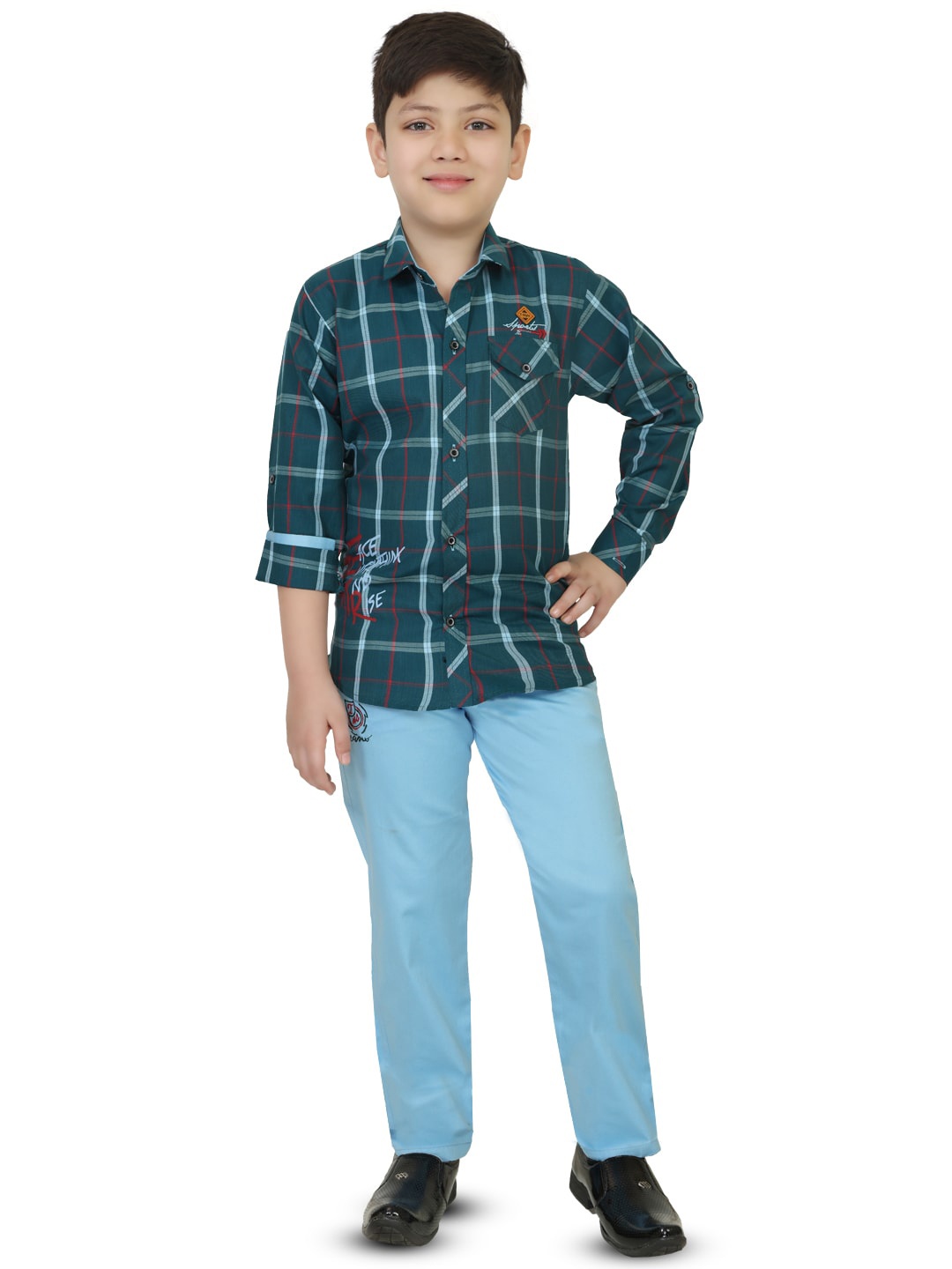 

TS TRENDS Boys Green & Blue Checked Shirt with Trousers