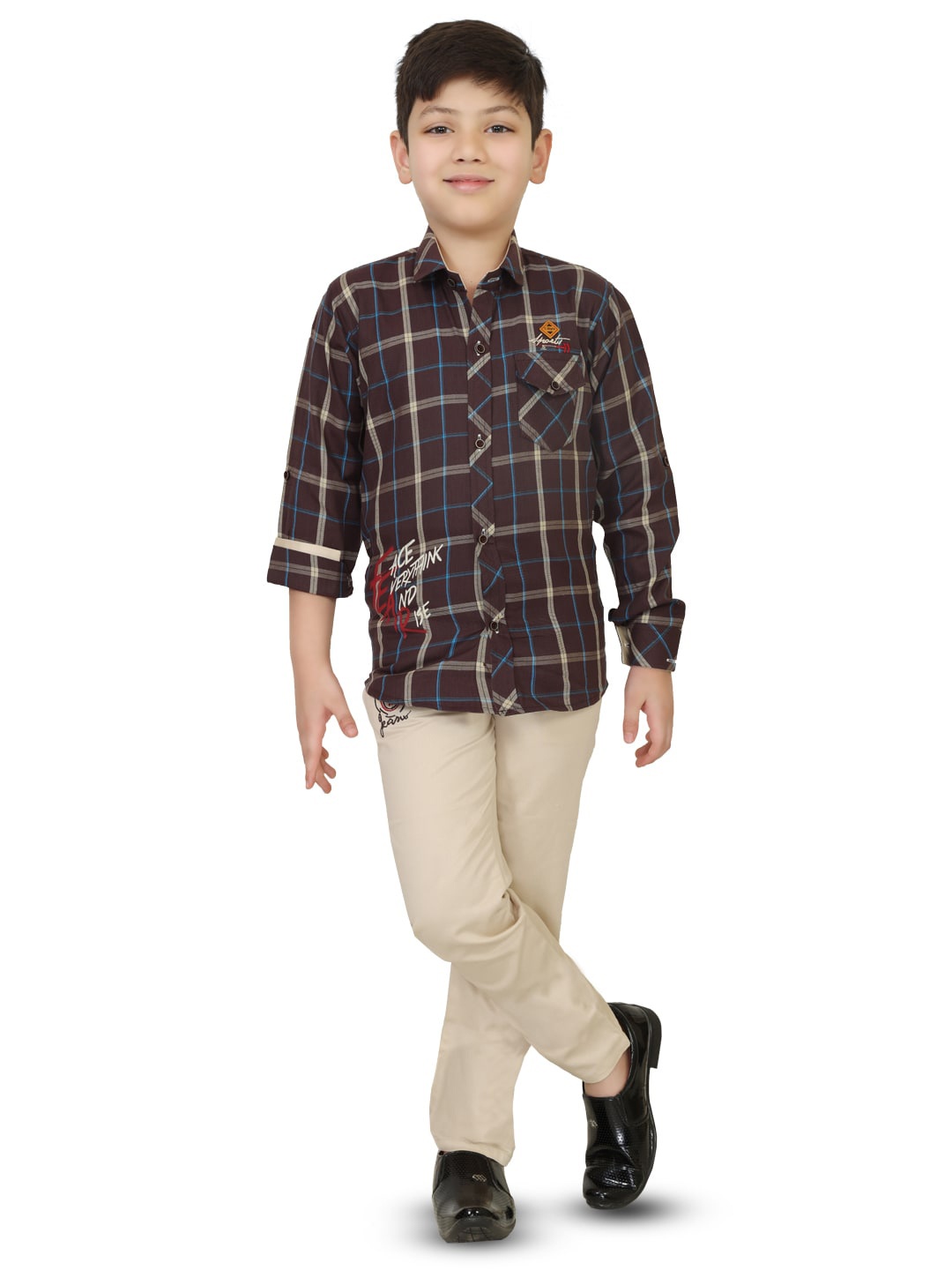 

TS TRENDS Boys Brown & Cream-Coloured Checked Pure Cotton Shirt with Trousers