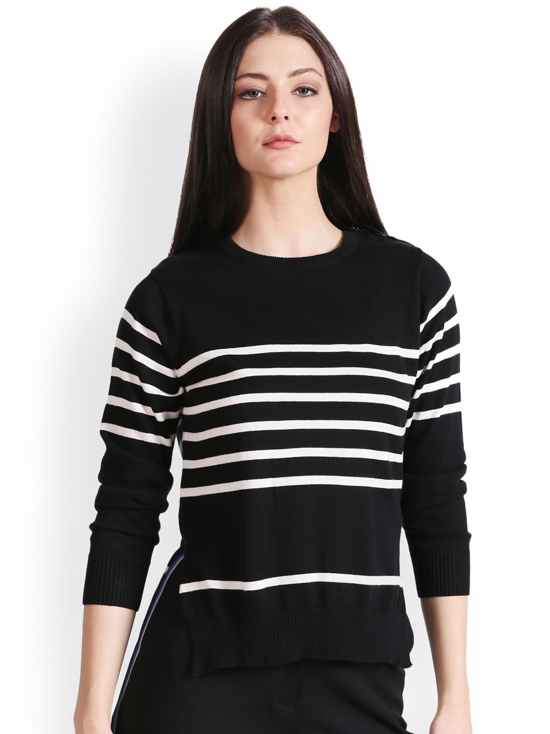 

Noi Women Black & White Striped Woollen Pullover
