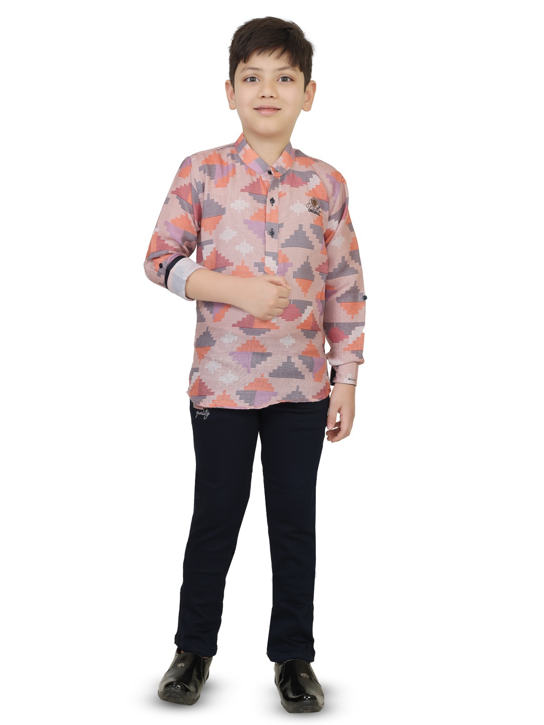 

TS TRENDS Boys Pink & Blue Printed Pure Cotton Shirt with Trousers