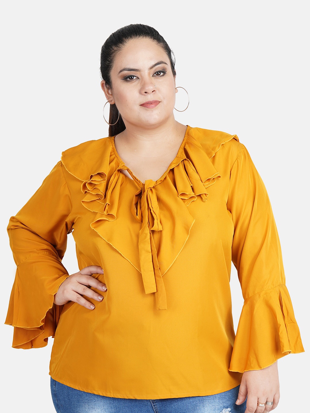 

Indietoga Plus Size Mustard Yellow Tie-Up Neck Ruffles Crepe Top