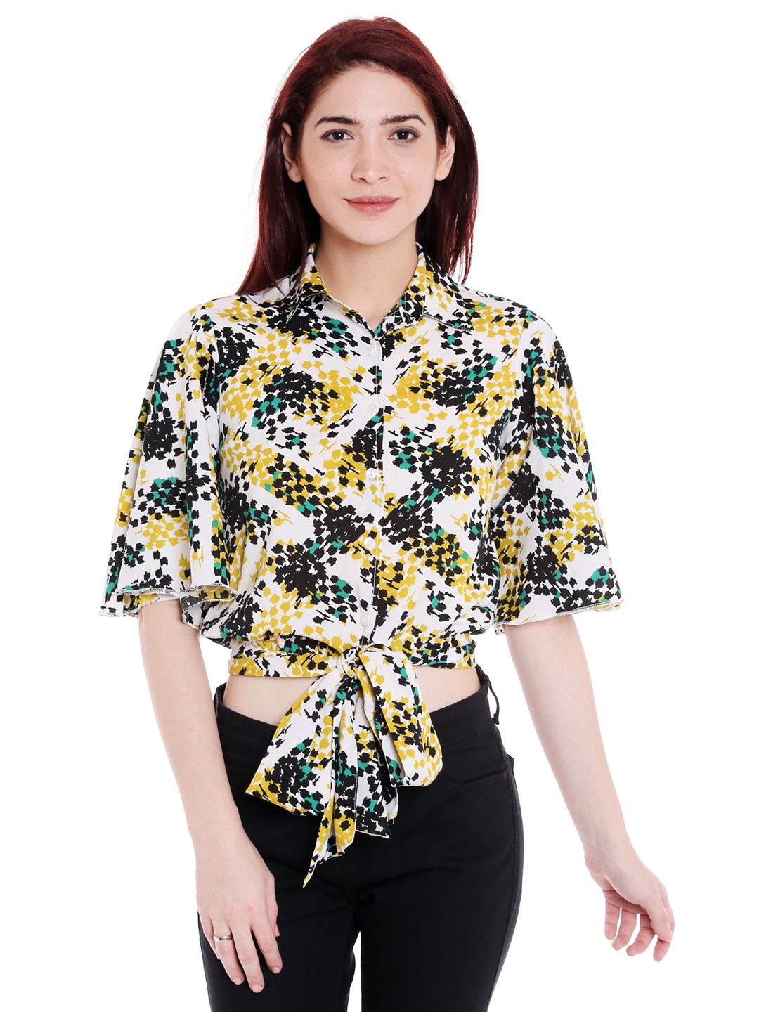 

Style Quotient Women Off-White & Yellow Regular Fit Printed Casual Crop Shirt