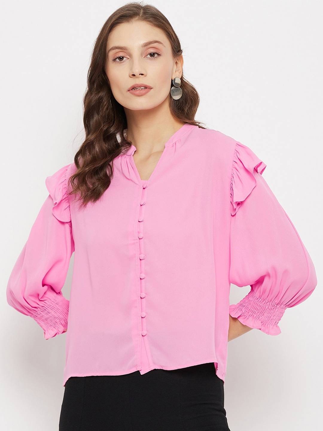 

Madame Pink Mandarin Collar Ruffles Shirt Style Top