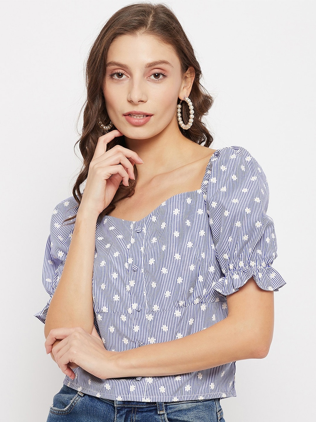 

Madame Blue Print Sweetheart Neck Top