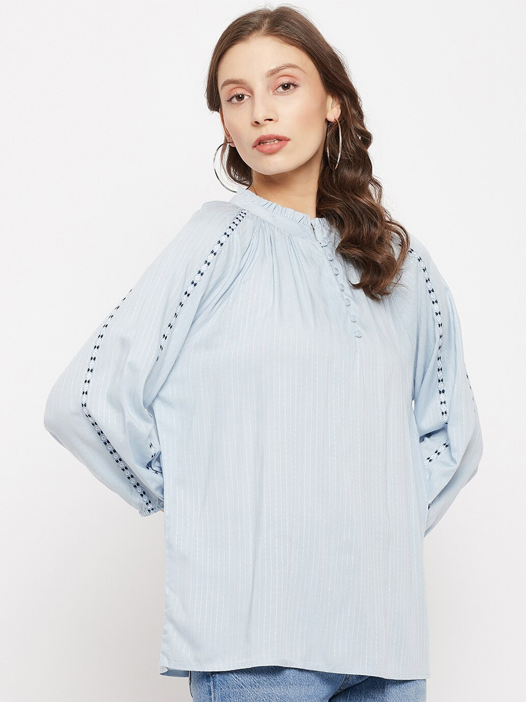 

Madame Blue Striped Mandarin Collar Top