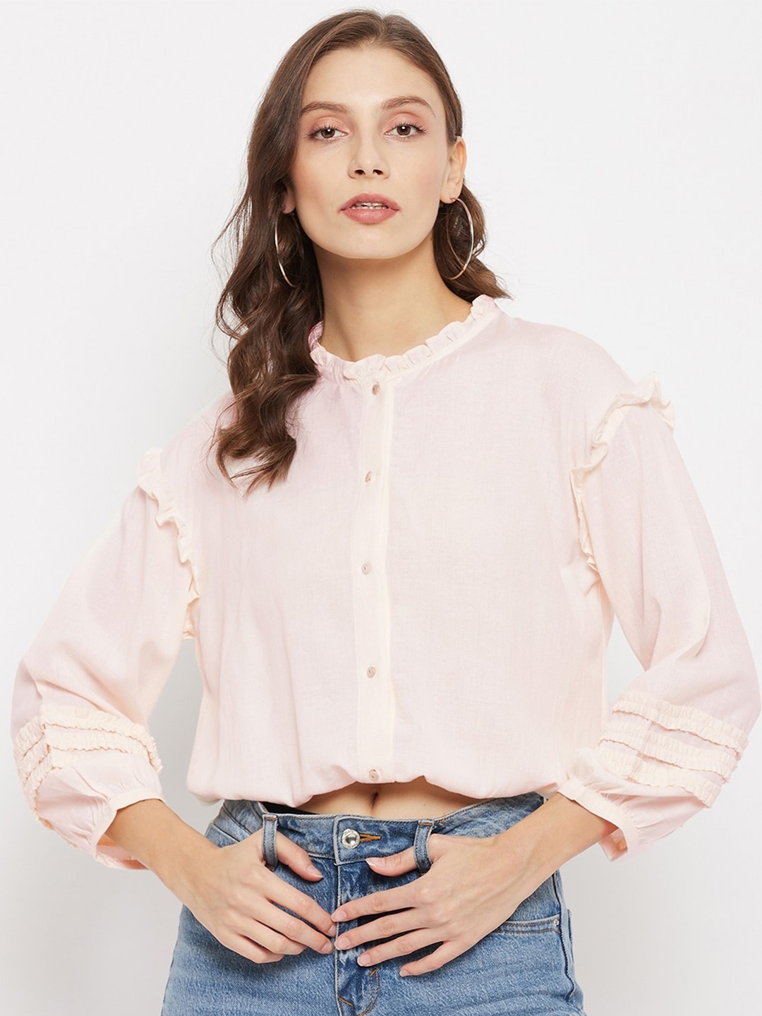 

Madame Beige Mandarin Collar Ruffles Shirt Style Top