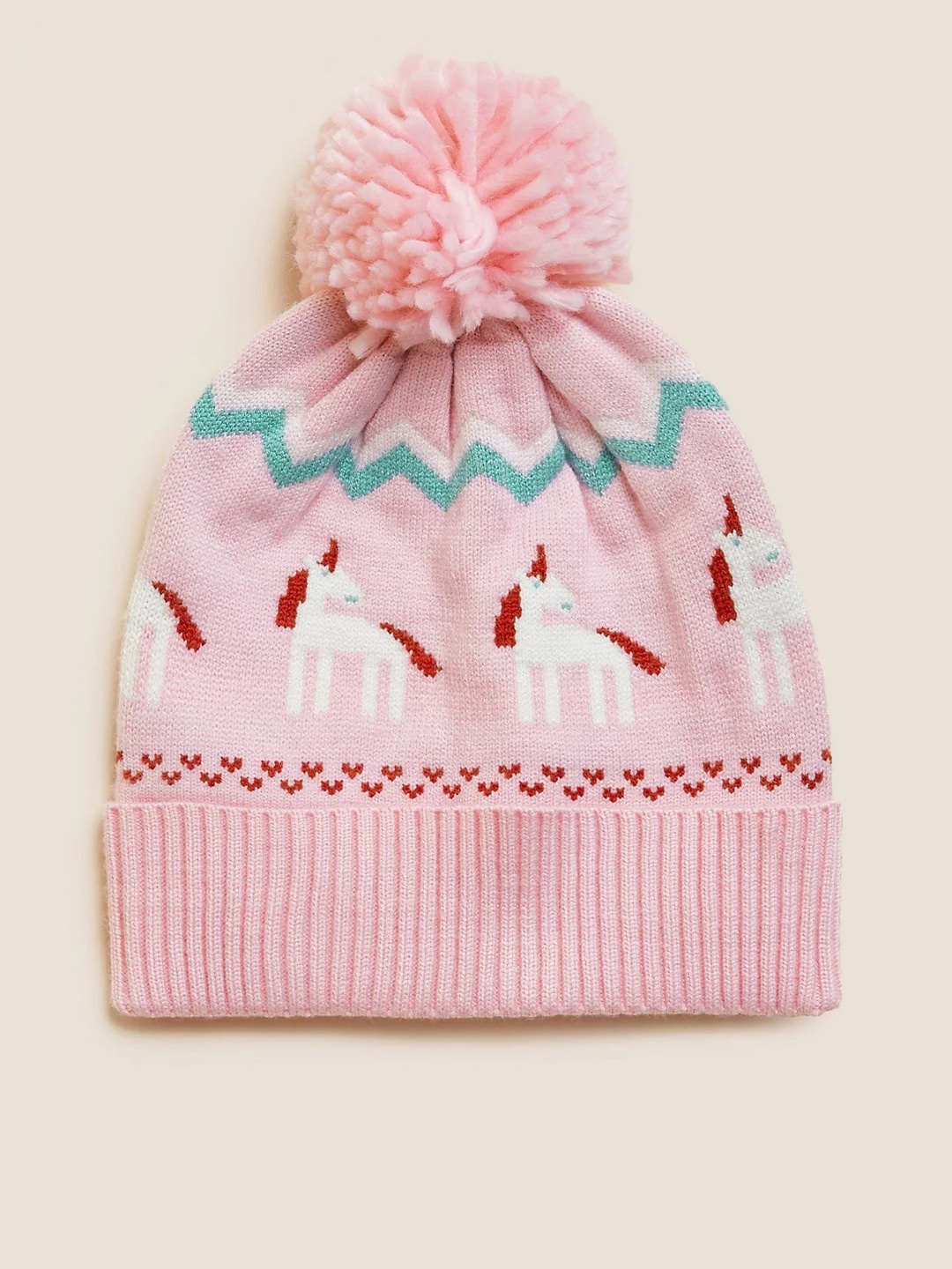 

Marks & Spencer Unisex Kids Pink & White Printed Beanie