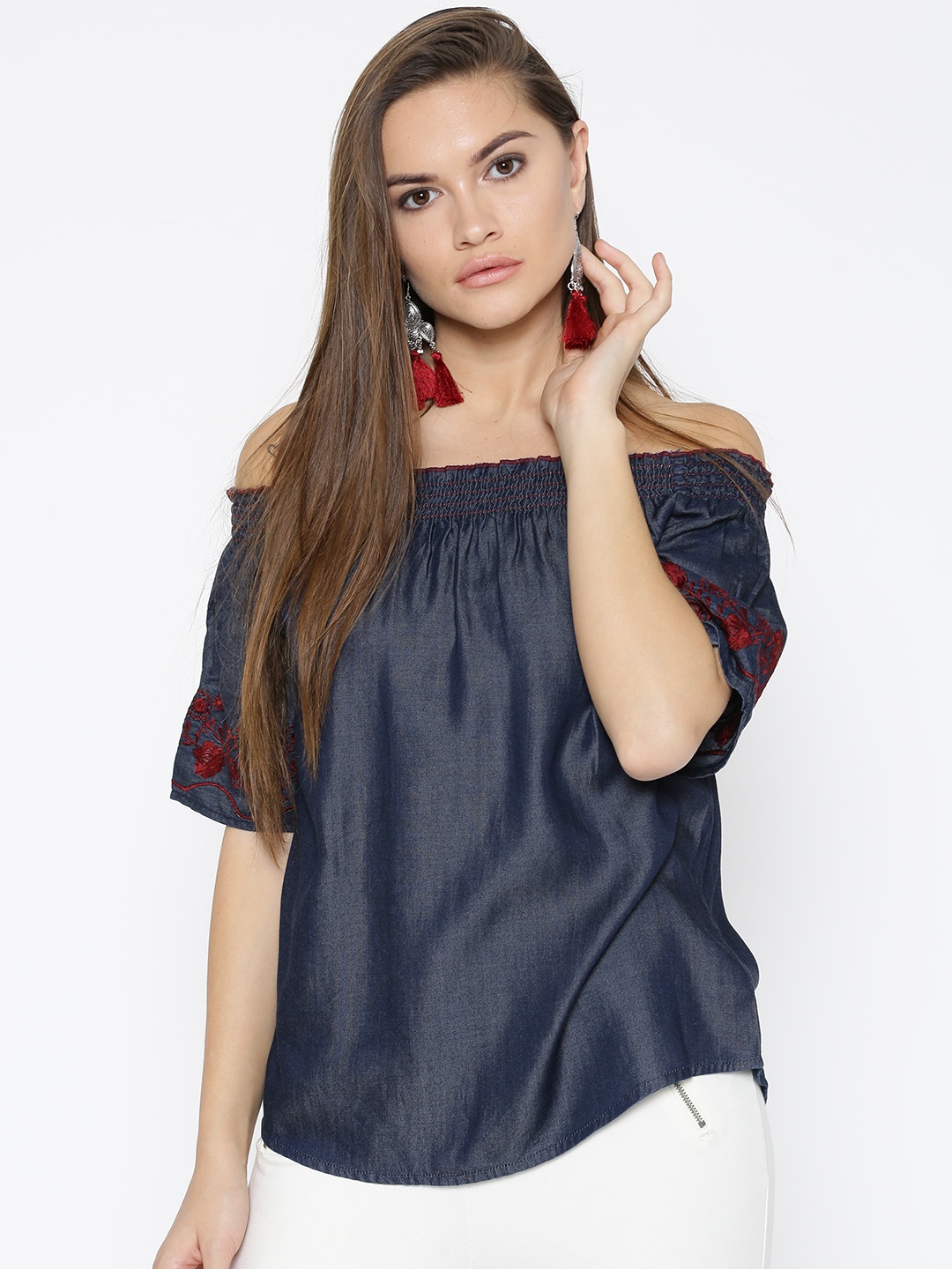 

Noi Women Navy Blue Denim Embroidered Detail Bardot Pure Cotton Top