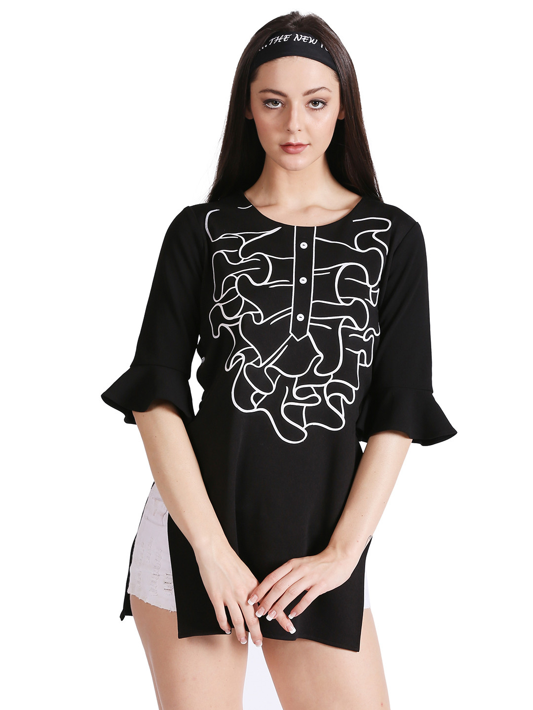 

Noi Women Black Printed Bell Sleeve Top