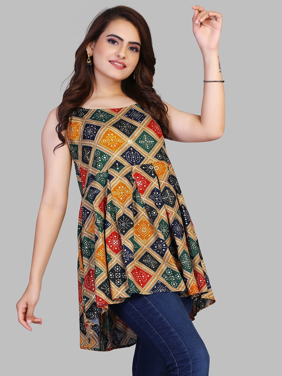 

Fashion FRICKS Teal & Mustard Yellow Geometric Printed Square Neck Kurti