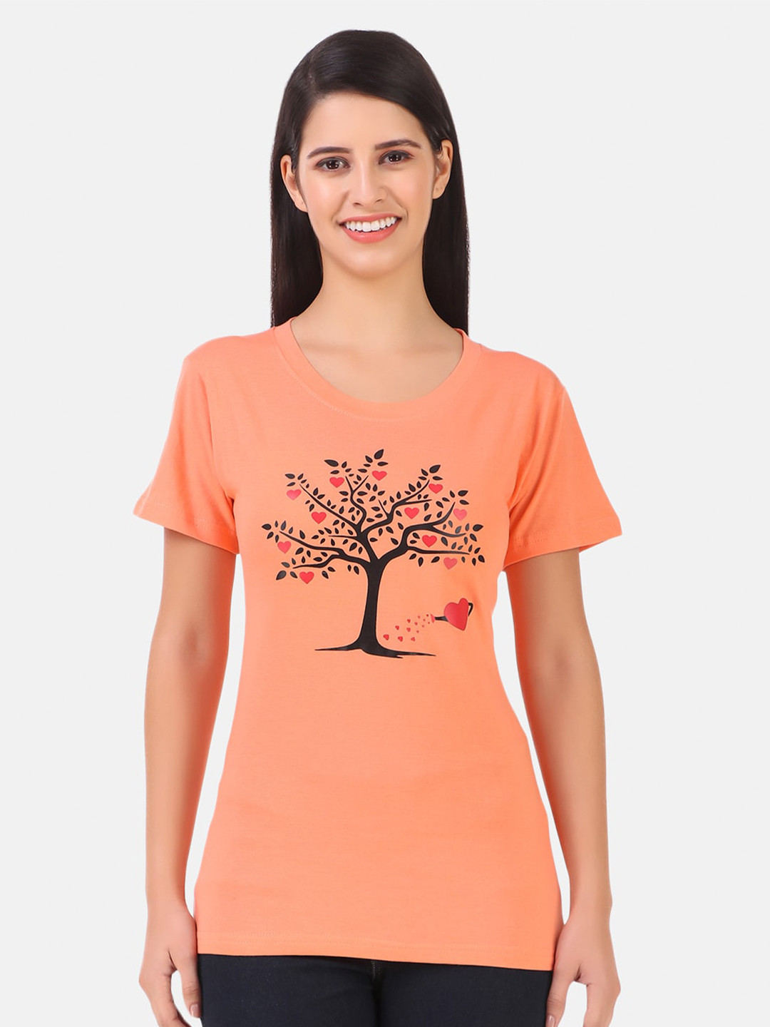 

TRENDY RABBIT Women Peach-Coloured Graphic Printed Cotton T-shirt
