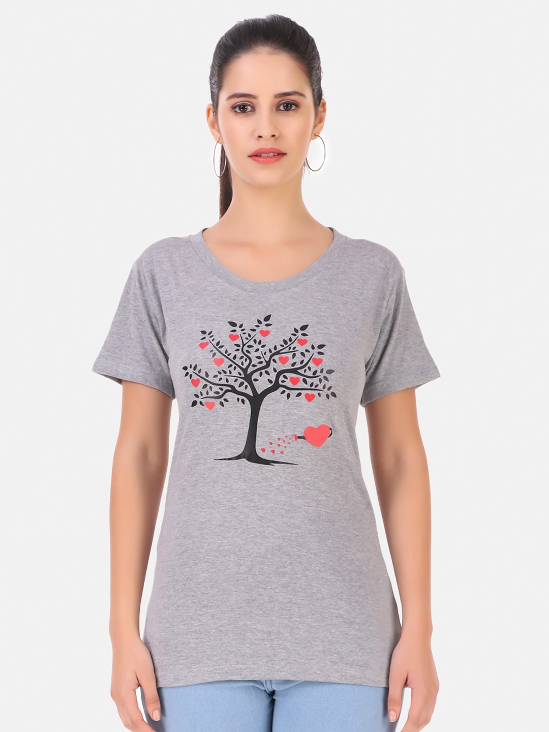

TRENDY RABBIT Women Grey Printed Cotton T-shirt