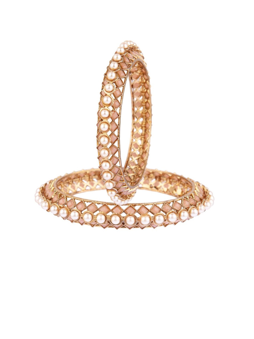 

Efulgenz Set of 2 Peach & White Gold-Plated Crystal & Pearl Studded Bangles