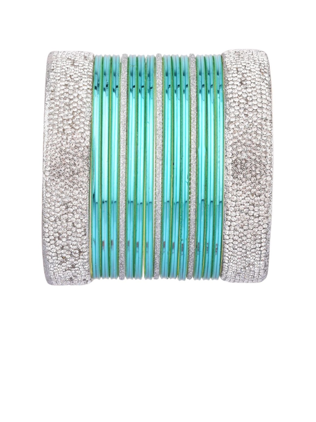 

Efulgenz Classic Fashion 17-Pcs Sea Green & Rhodium-Plated Bangle Set
