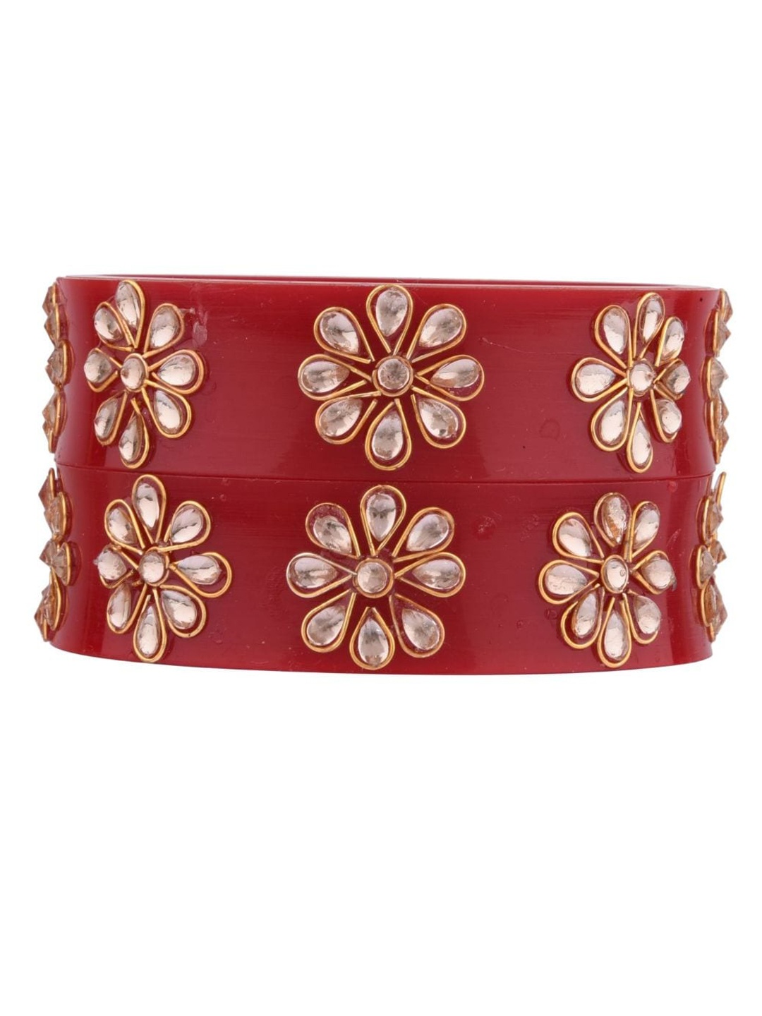 

Efulgenz Set of 2 Red Antique Designer Gold-Plated Crystal Studded Bangle Set