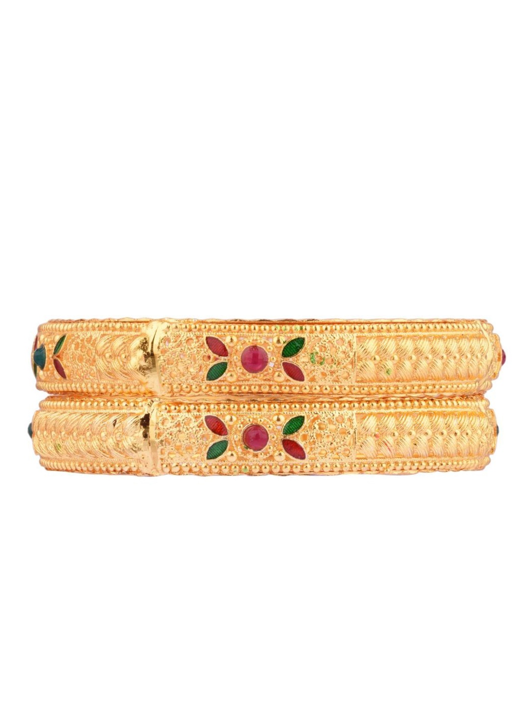 

Efulgenz Antique Designer Set Of 2 Gold-Plated Red & Green Crystal-Studded Bangles