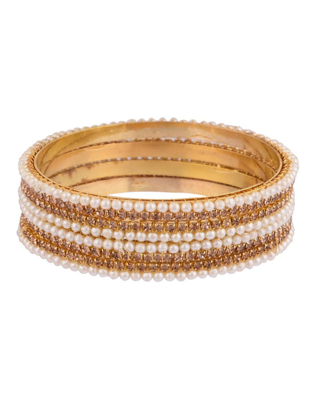 Efulgenz Set Of 8 White & Brown Gold-Plated Beaded Bangle