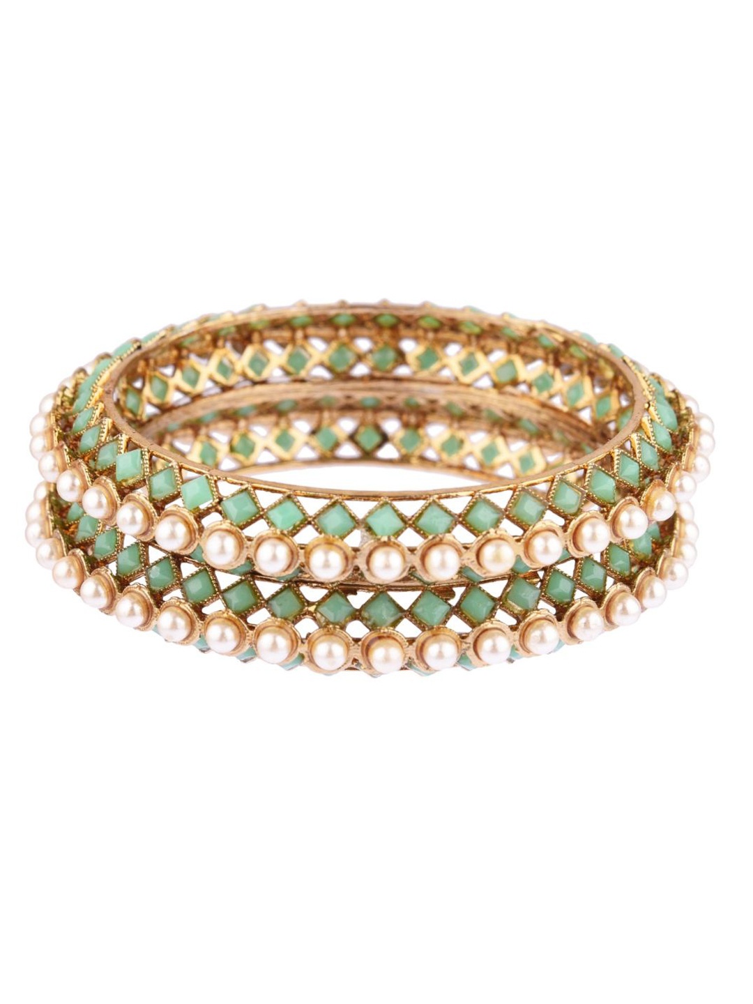 

Efulgenz Antique Designer Set Of 2 Gold-Toned Green & White Crystal Faux Pearl Beaded Bracelet Bangles