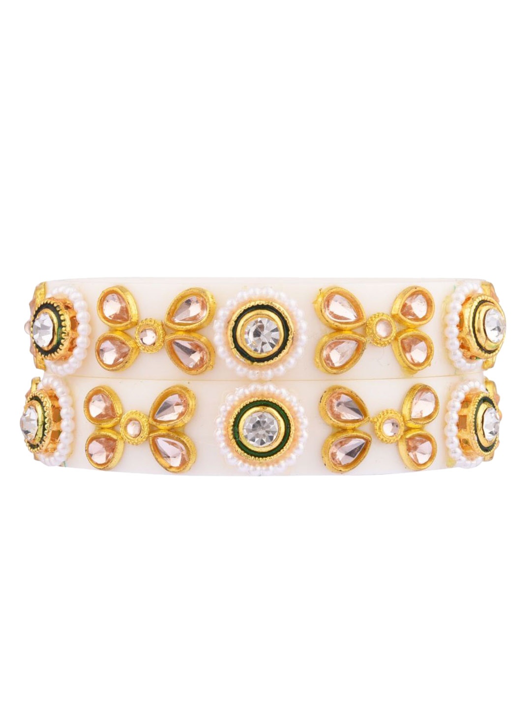 

Efulgenz Set Of 2 White CZ Crystal-Studded & Faux Pearl Beaded Gold-Plated Bangles