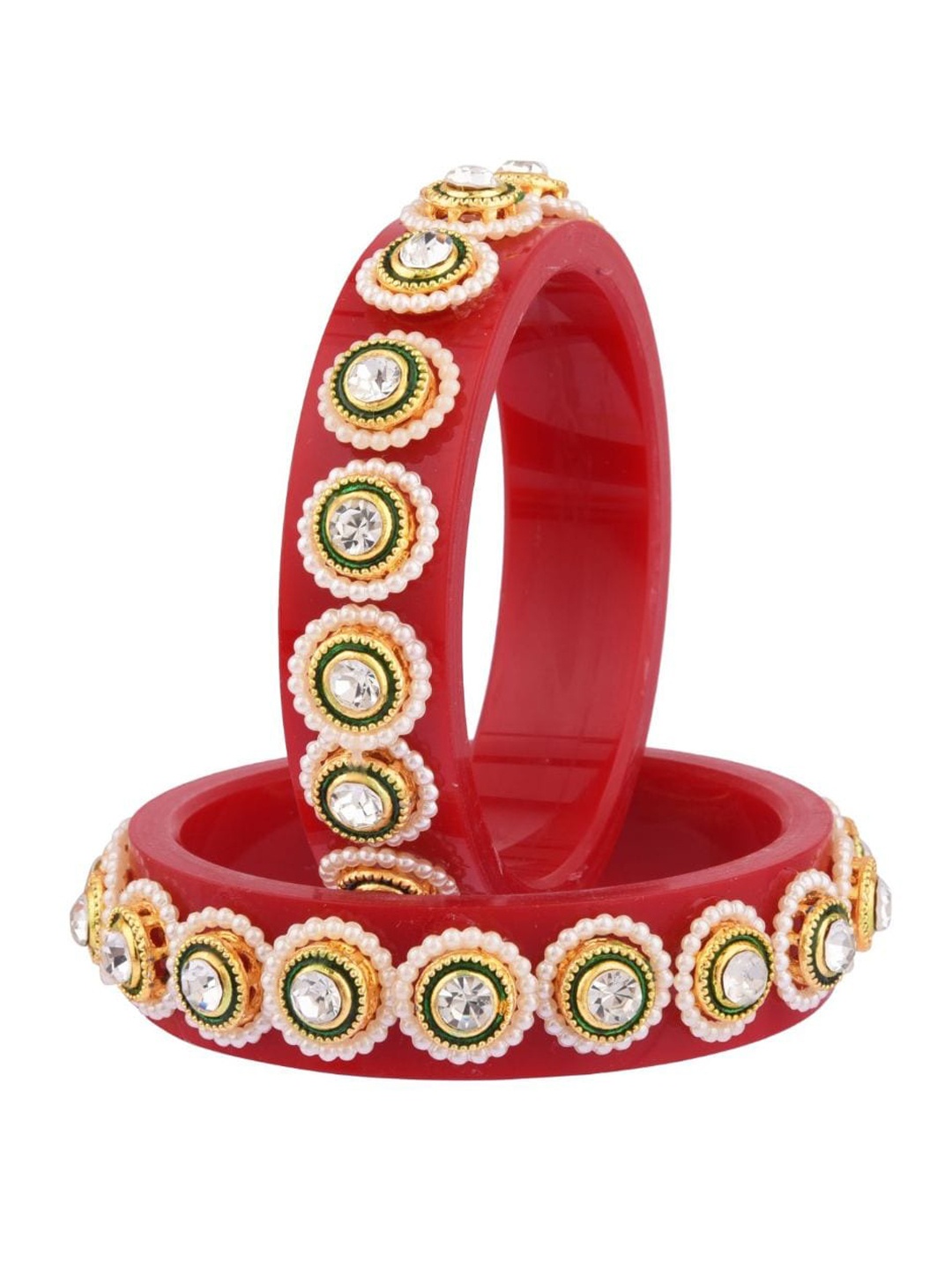 

Efulgenz Set of 2 Maroon Crystal Studded & Pearl Beaded Gold-Plated Bangle Set