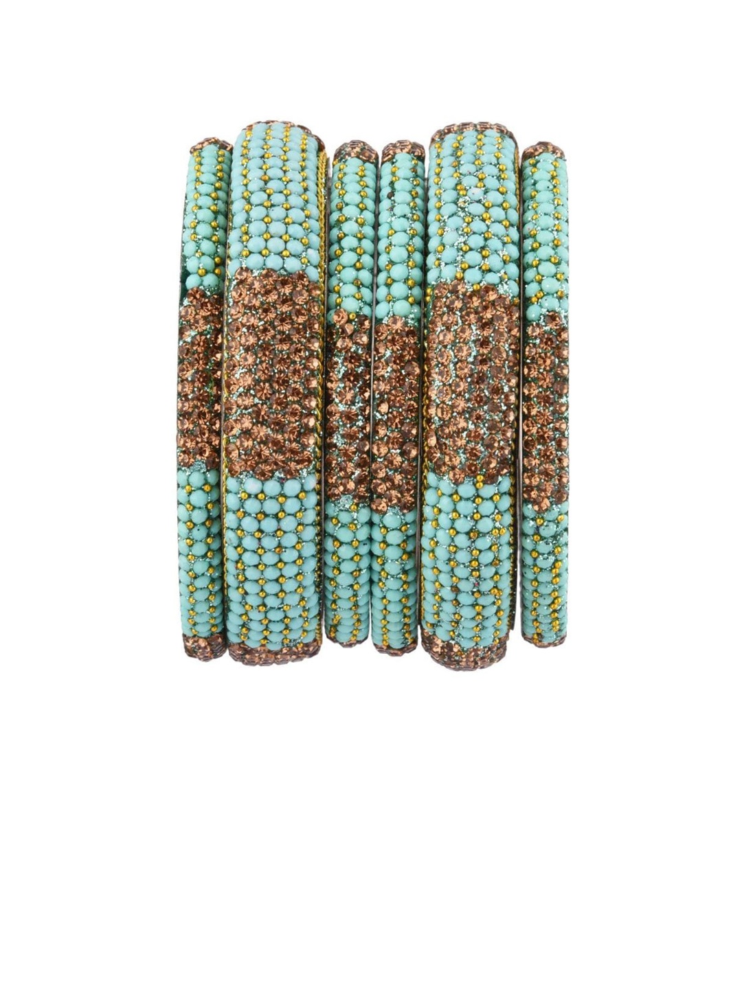 

Efulgenz Designer Set Of 6 Rhodium-Plated & Sea Green CZ Crystals-Studded Bangles