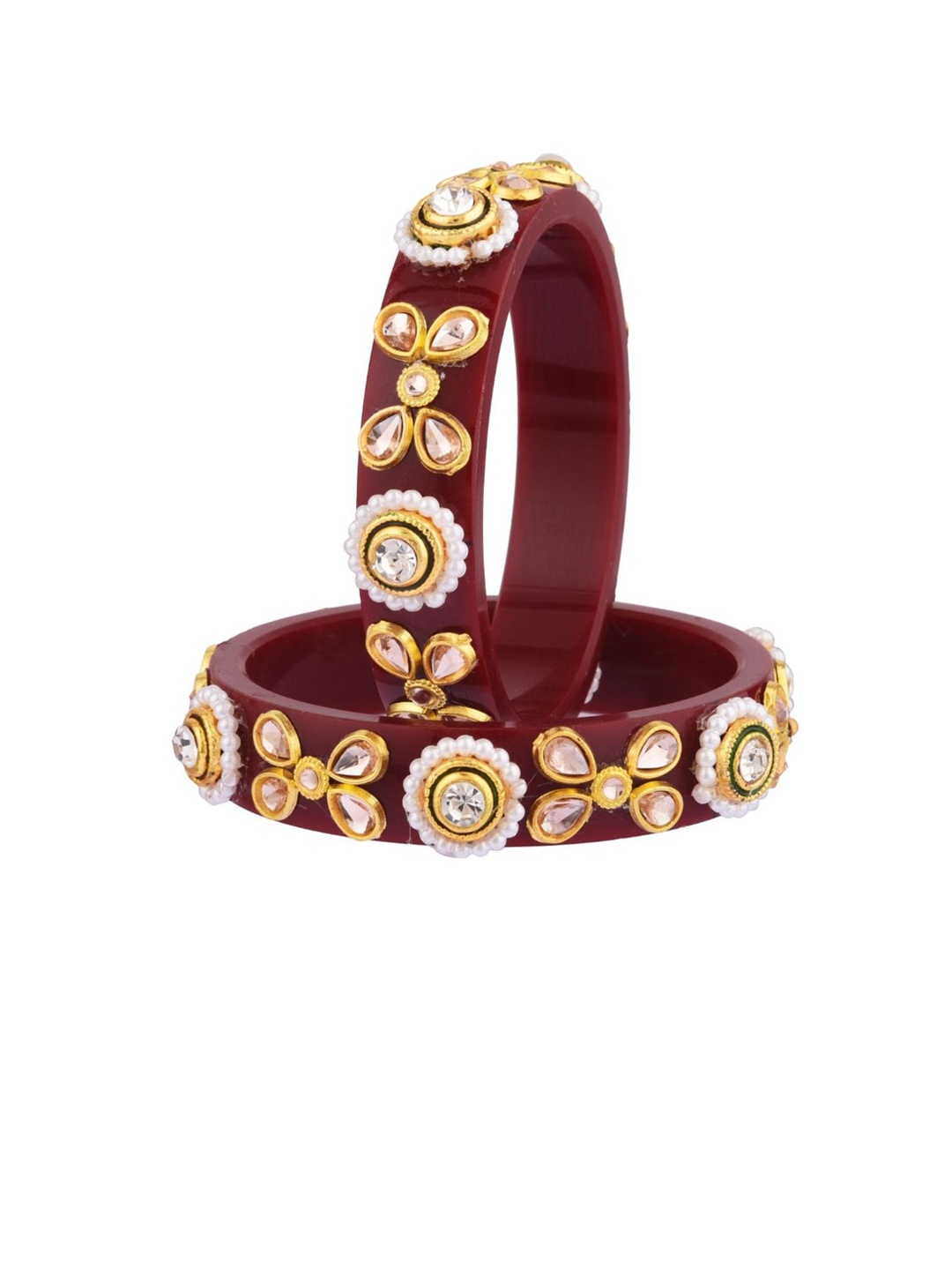 

Efulgenz Antique Designer Set of 2 Gold-Plated Maroon Crystal Studded & Pearl Beaded Bangle Set