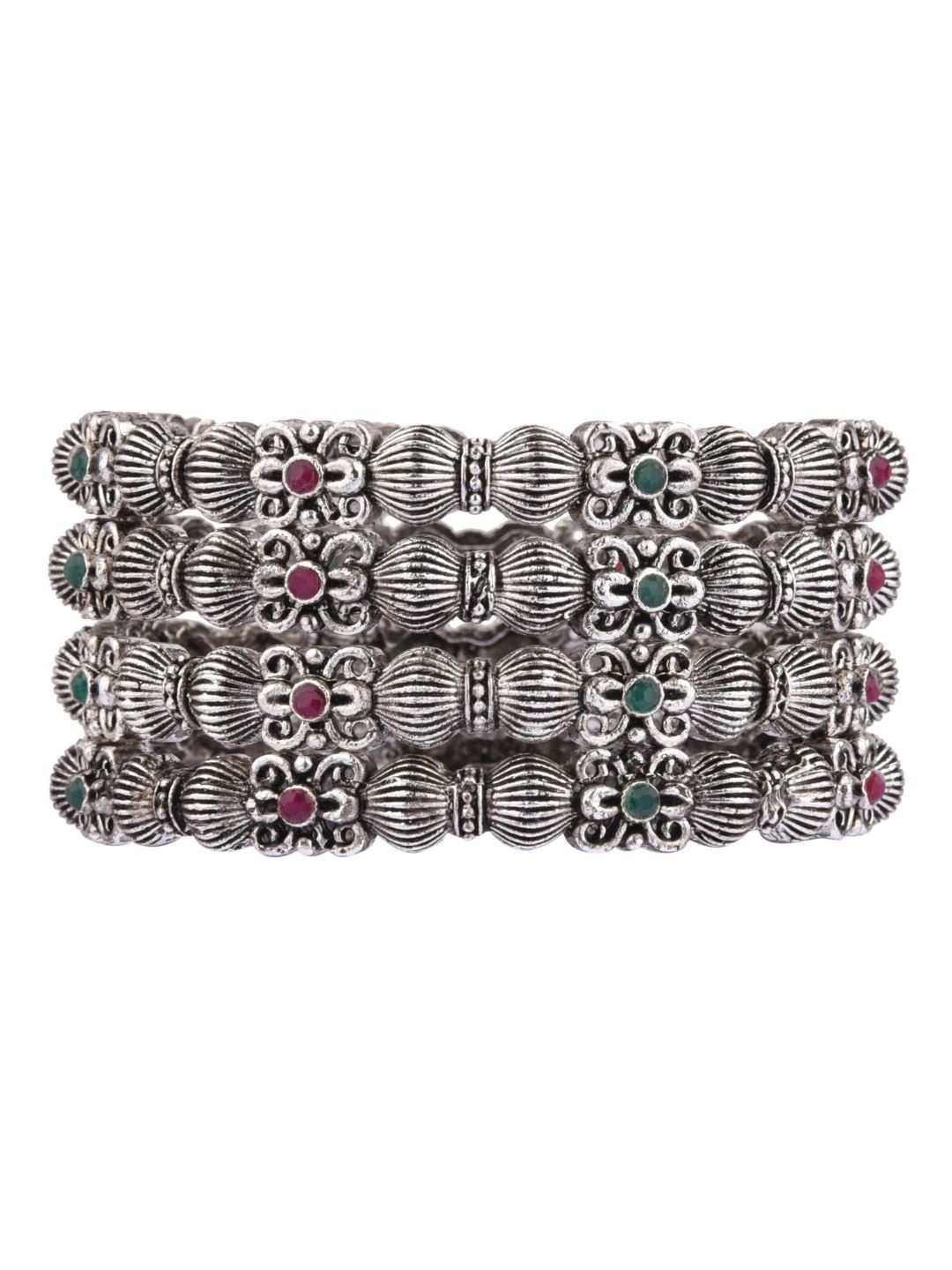 

Efulgenz Antique Designer Set Of 4 Rhodium-Plated Silver-Toned & Red Kundan & Crystals Studded Bangles
