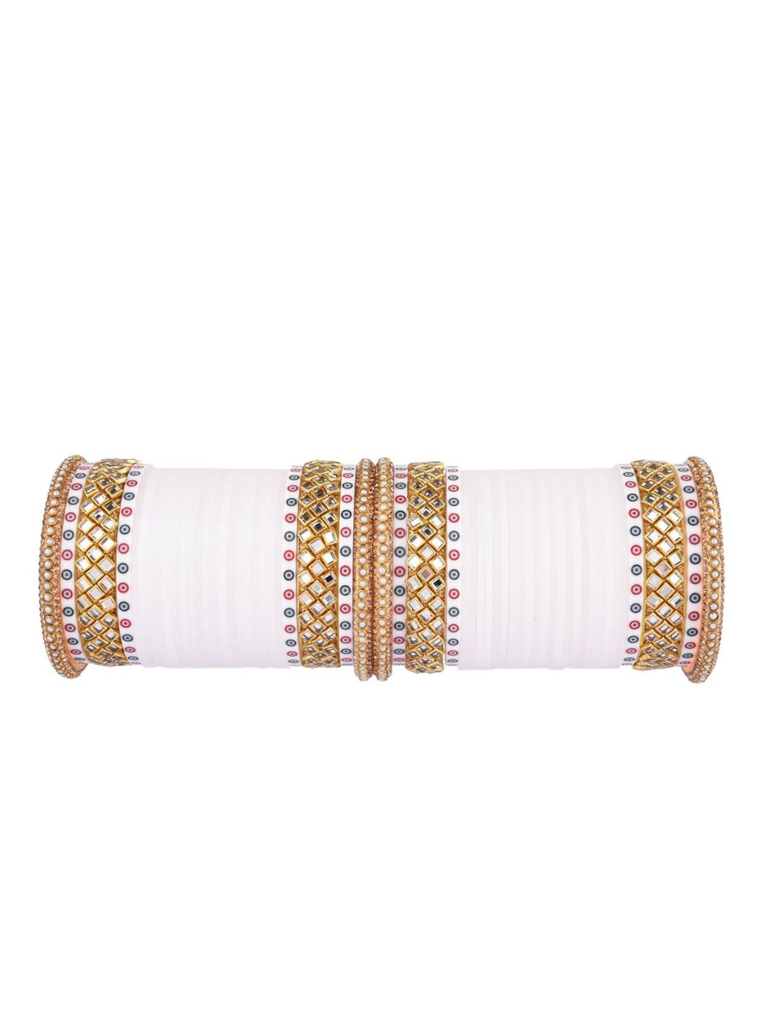 

Efulgenz Elegant Traditional 56-Pcs Gold-Plated & Off-White Crystal Studded Bridal Chuda Bangle Set