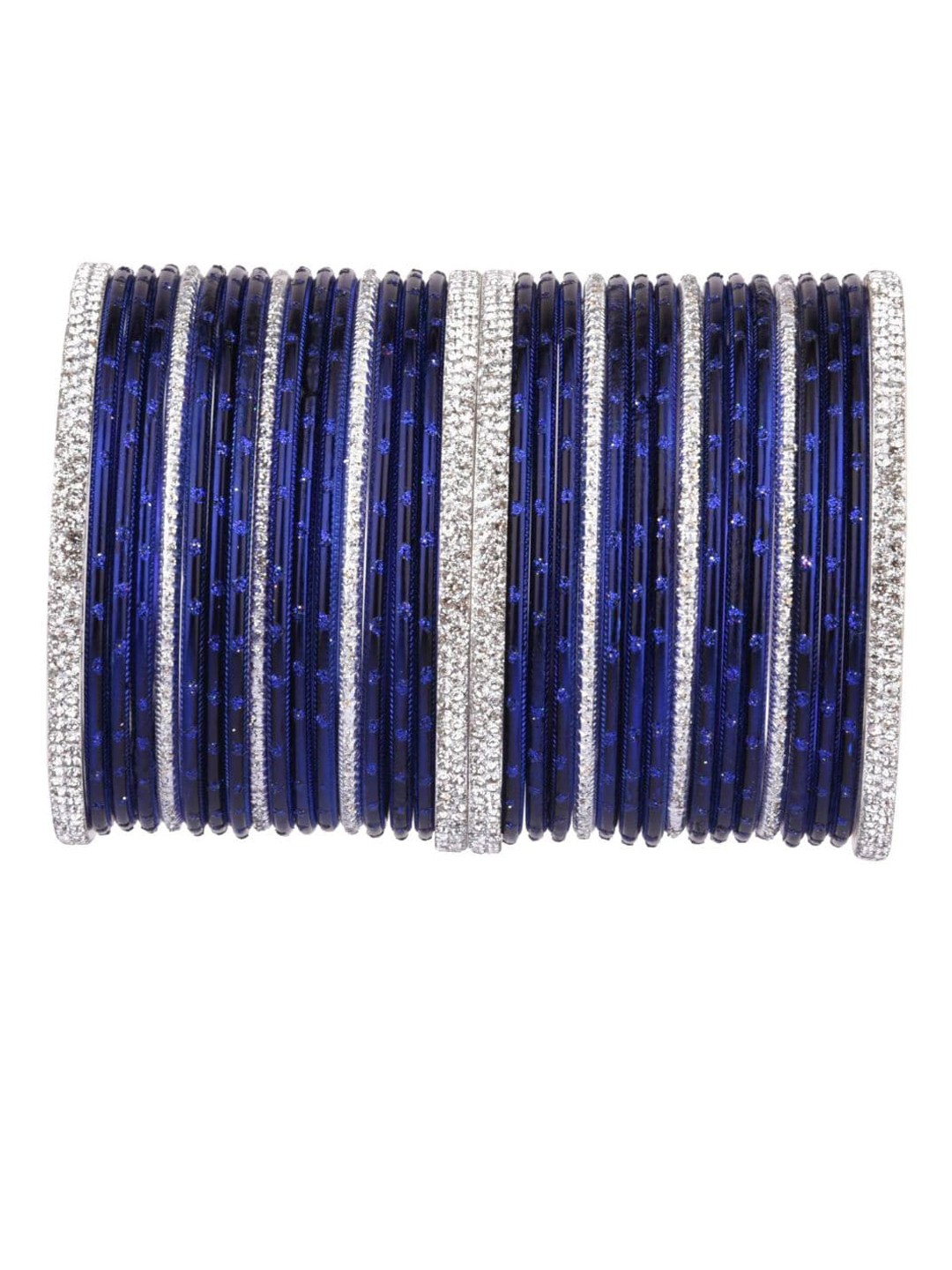 

Efulgenz Classic Fashion Indian Set Of 34 Rhodium-Plated Silver-Toned & Navy Blue Crystal-Studded Bangles
