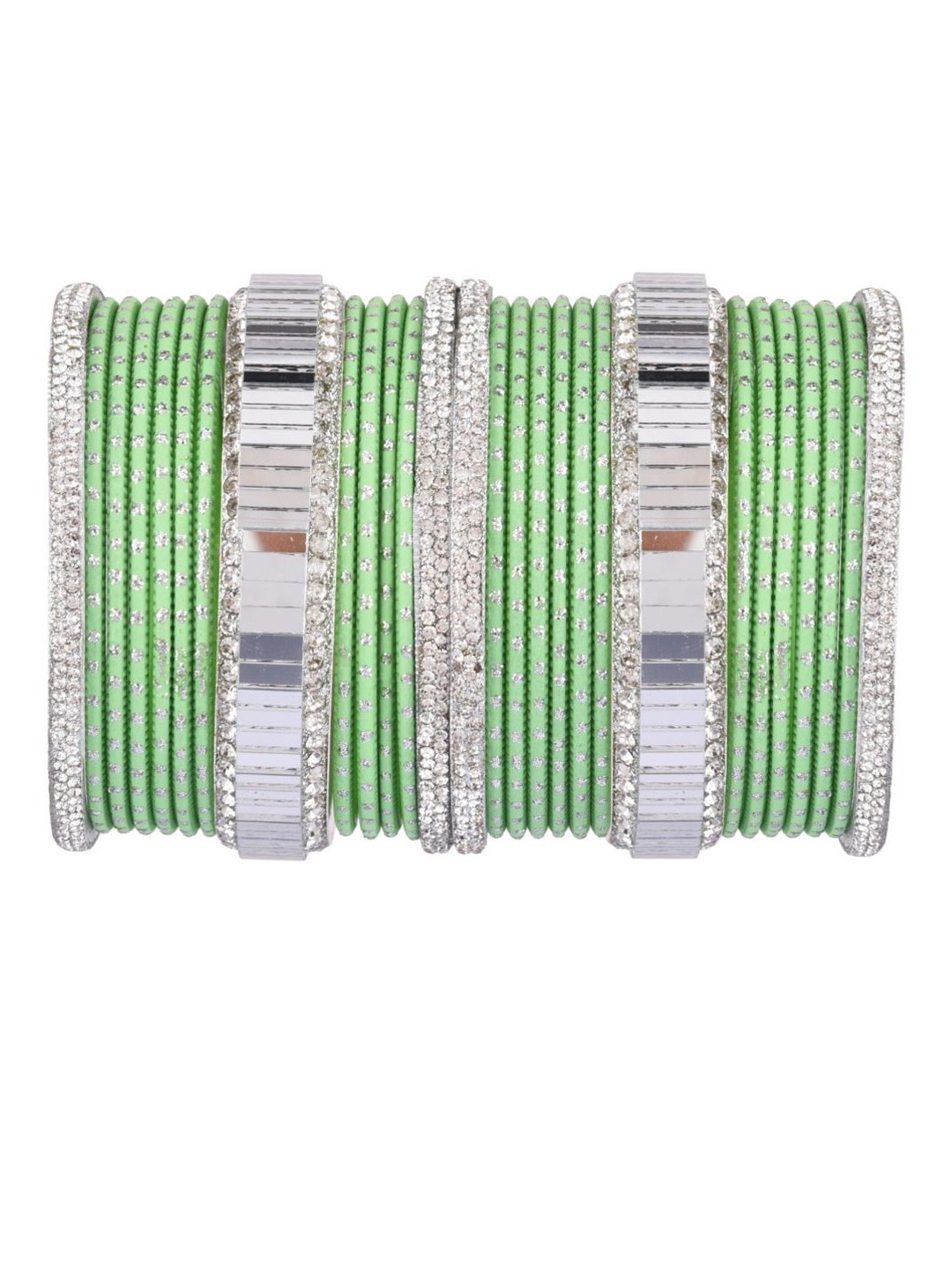 

Efulgenz Classic Indowestern 30-Pcs Rhodium-Plated & Silver-Toned Green Crystal Bangle Set, Gold