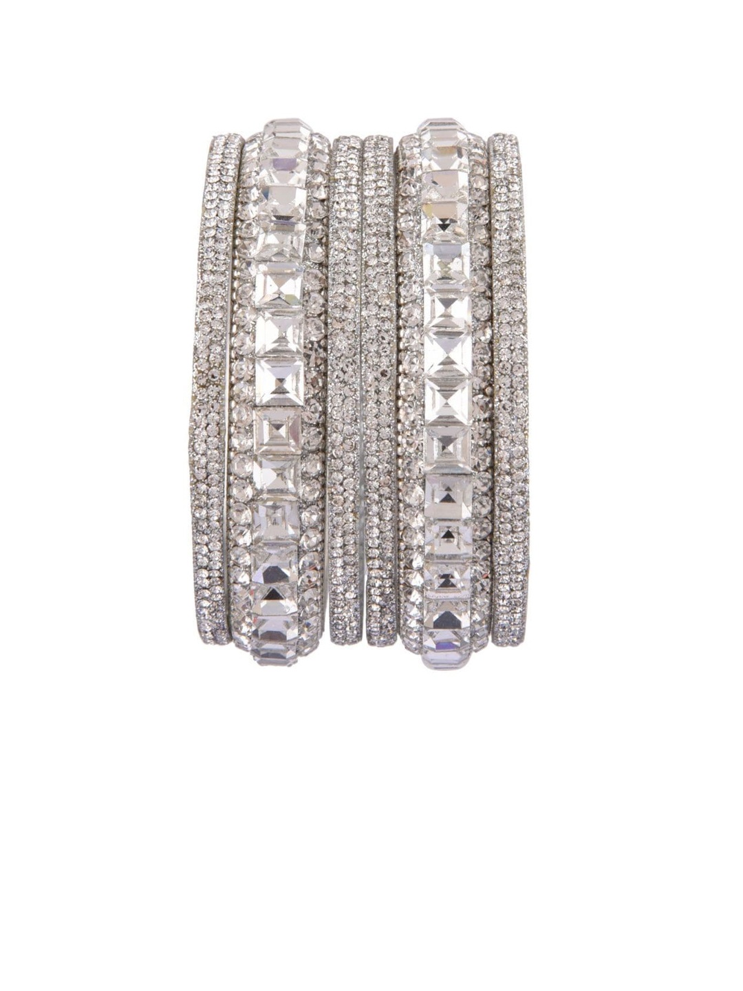 

Efulgenz Designer Set of 6 Rhodium-Plated Silver-Toned White Crystal Stone-studded Bangle