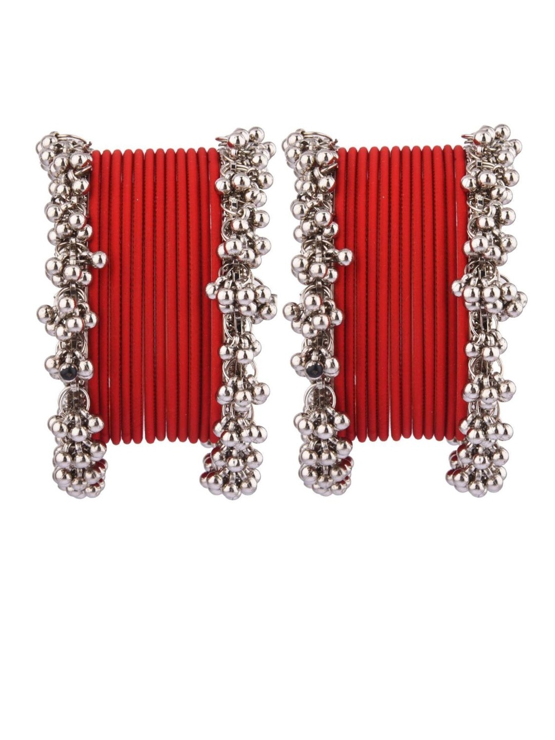 

Efulgenz Classic Fashion 14-Pcs Rhodium-Plated Silver-Toned & Red Bangle Set