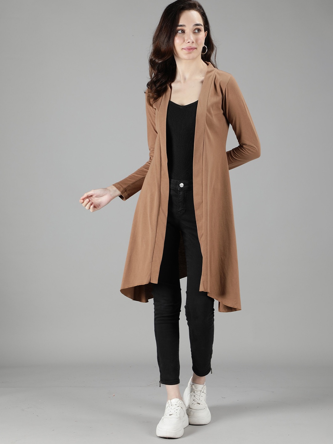 

Nimble Women Brown Longline Open Front Cotton Shrug