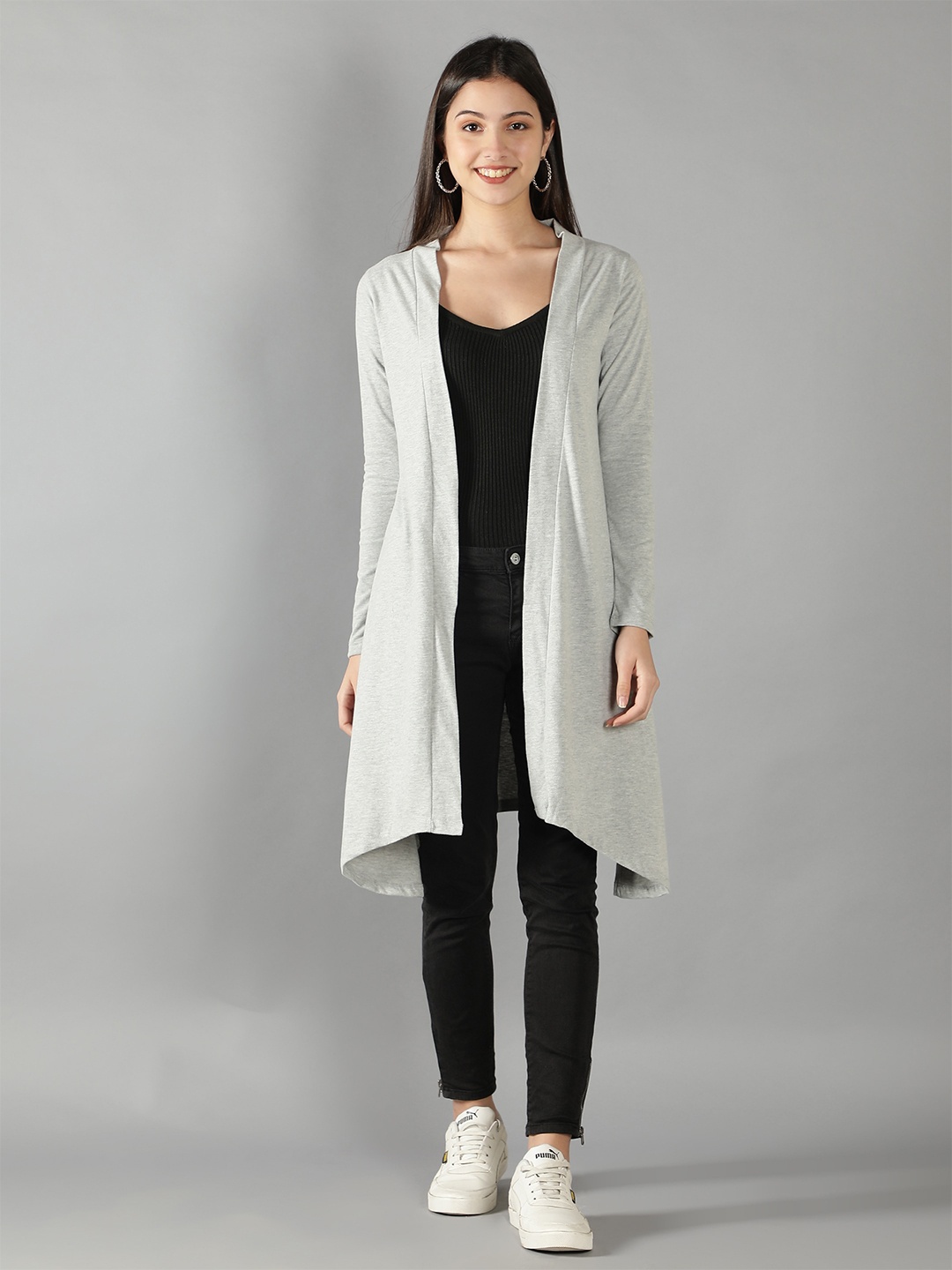 

Nimble Women Grey Longline Open Front Cotton Shrug
