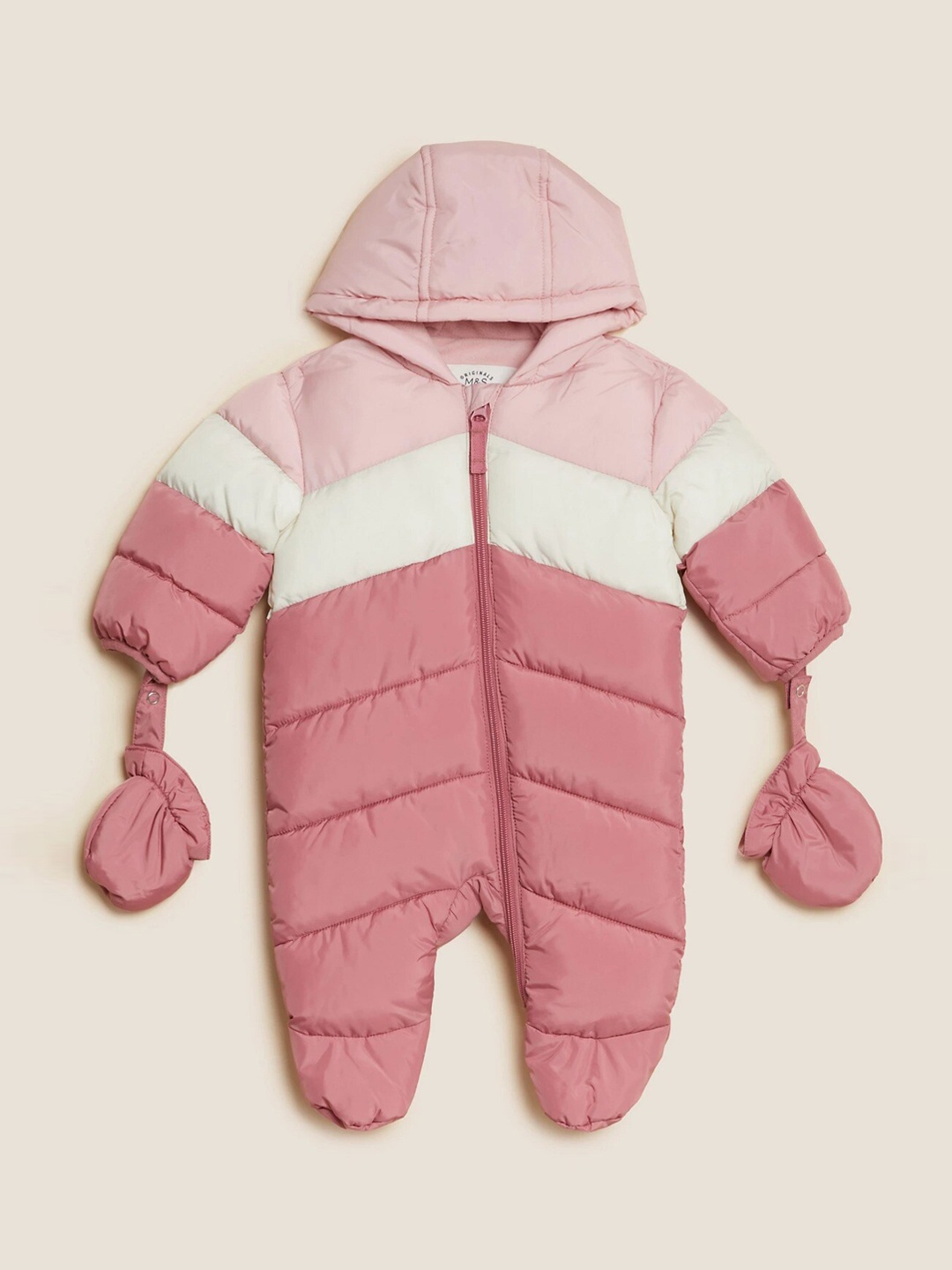 

Marks & Spencer Girls Pink White Colourblocked Lightweight Longline Puffer Jacket
