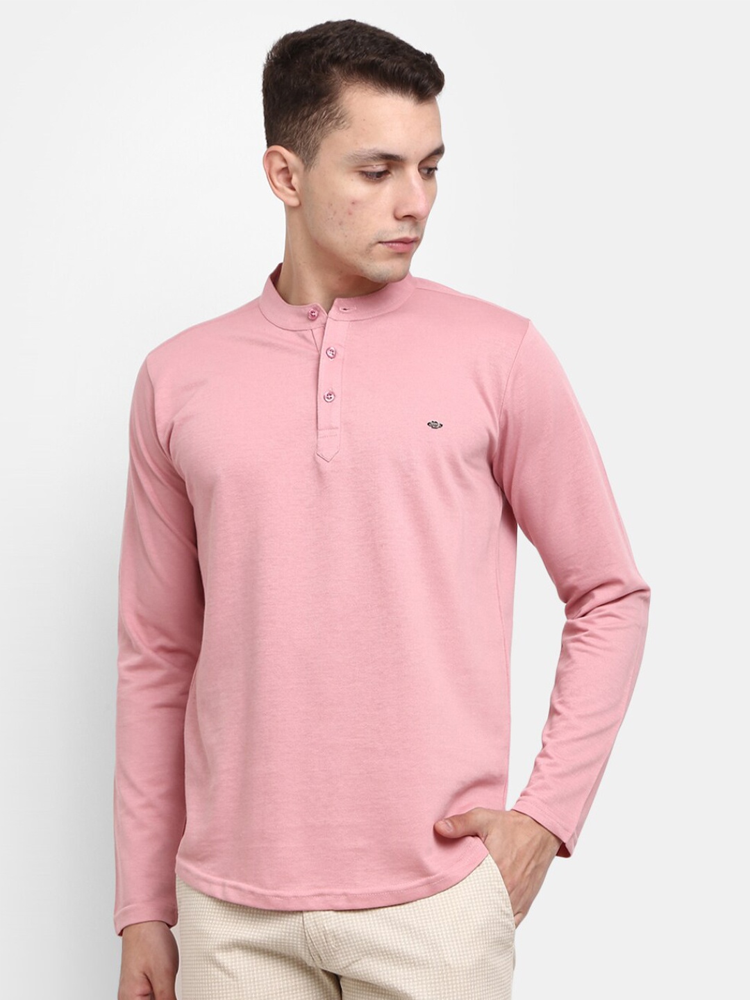 

V-Mart Men Pink Mandarin Collar Cotton T-shirt