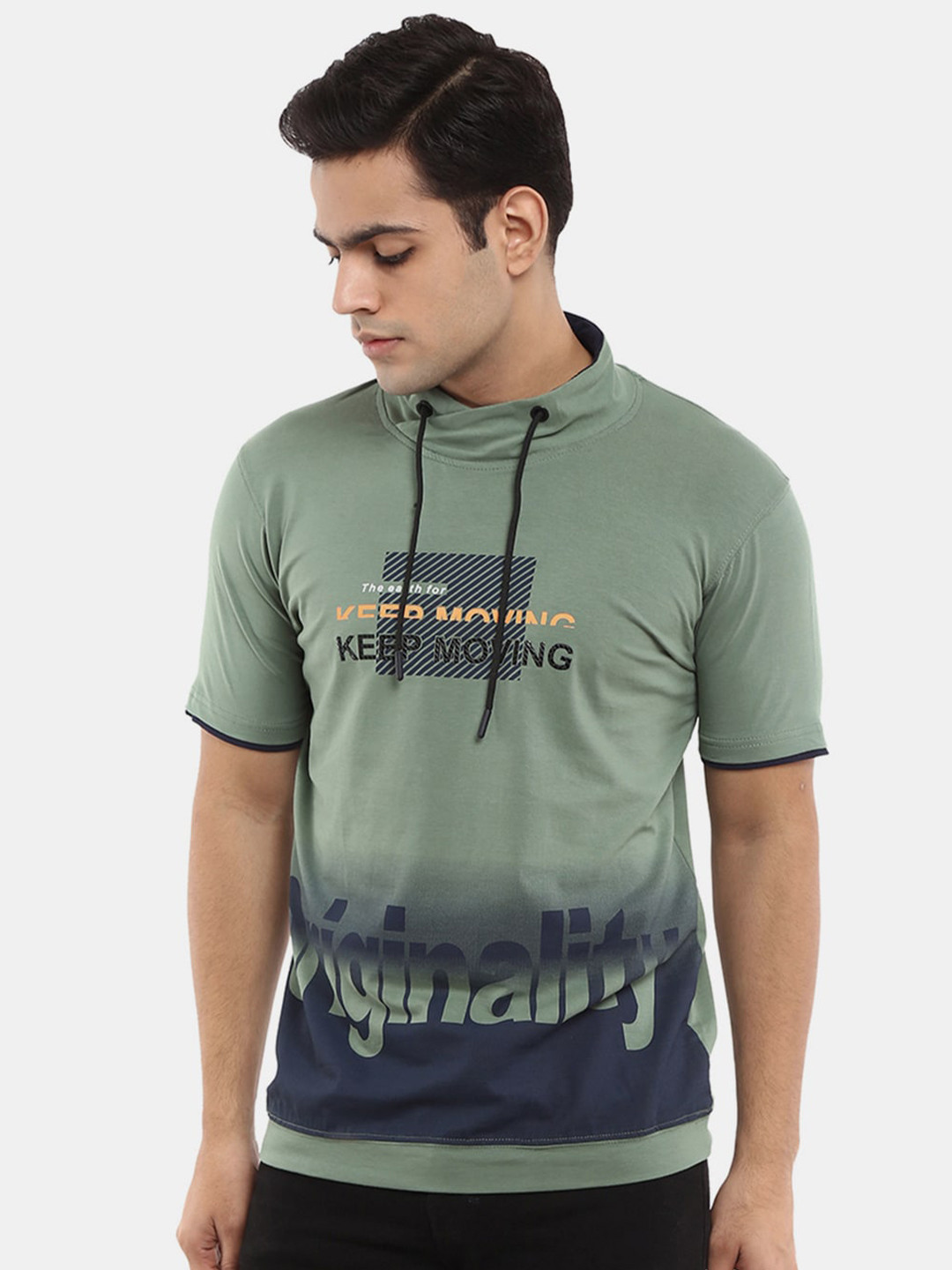 

V-Mart Men Green Typography Dyed Mandarin Collar Cotton T-shirt